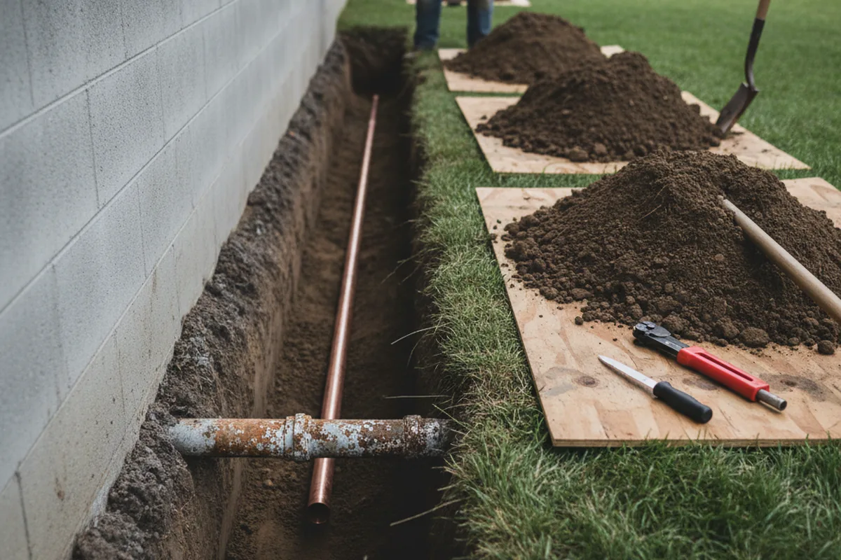 Excavated water line trench during Water Softener Installation in Cerulean